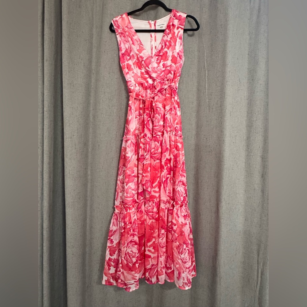 Calvin Klein Chiffon Tiered Maxi Dress in a pink floral print.